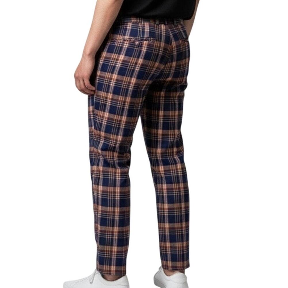 Barabas Men Plaid Trousers Blue Tan Rust Check Tapered Short Length Pants 40x27